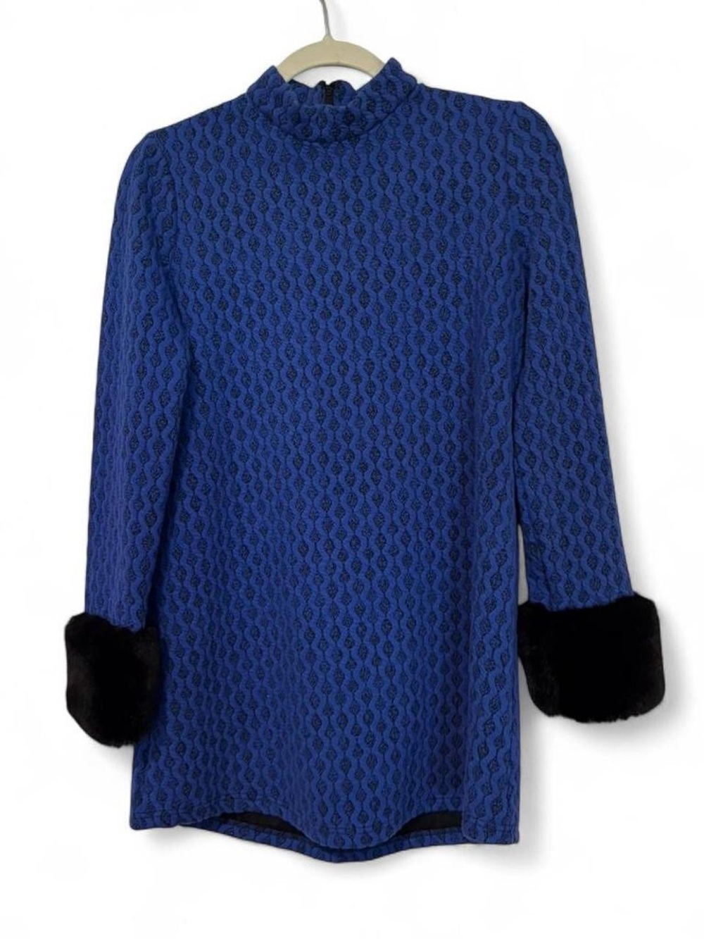Vintage 90s adorable blue mini dress with mock neck‎ and faux fur cuffs xs